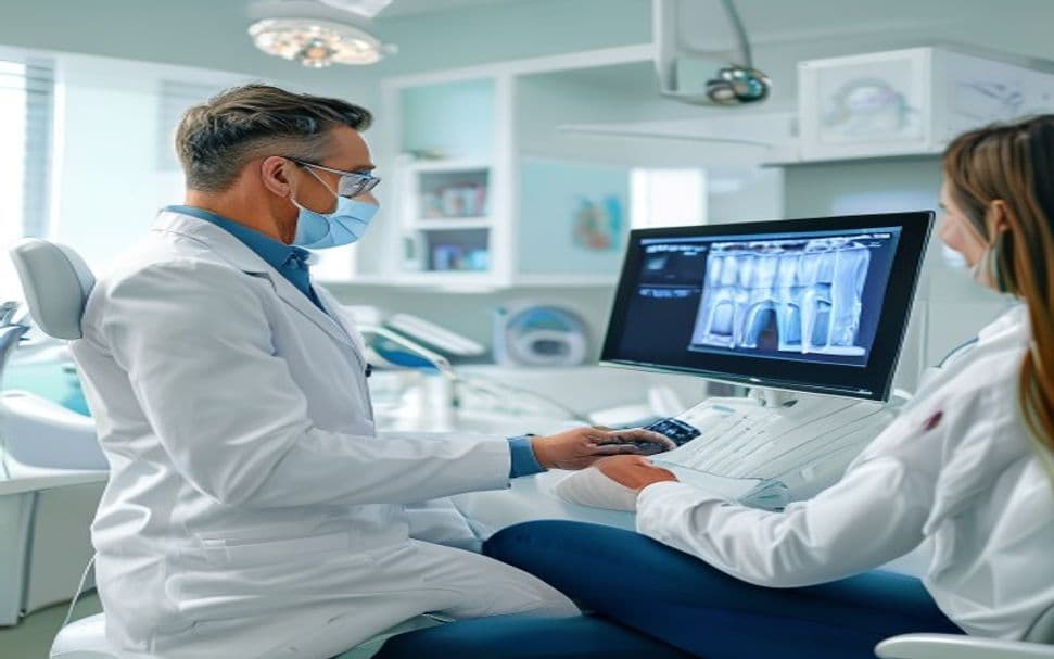 Dentist reviewing a dental X-ray with a patient at Mid-Wilshire Dental Care
